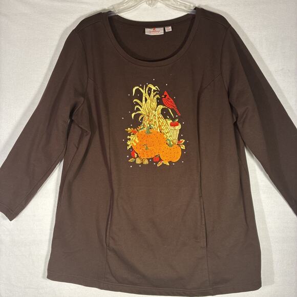 Quacker Factory French Terry Embroidered Sweatshirt Espresso XL With Pockets - Picture 1 of 9